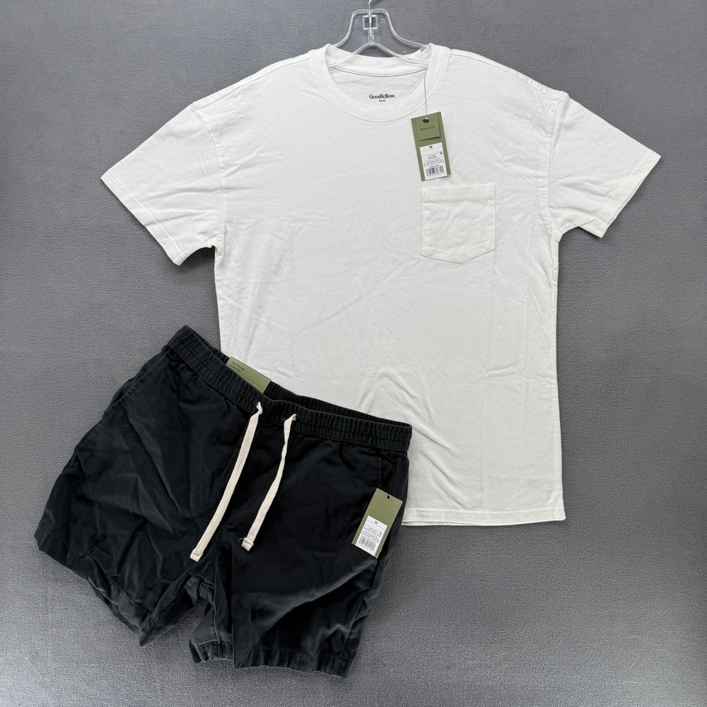 Goodfellow & Co Mens 2pc Set White Relaxed Pocket Tee Black 7in Pull On Shorts M